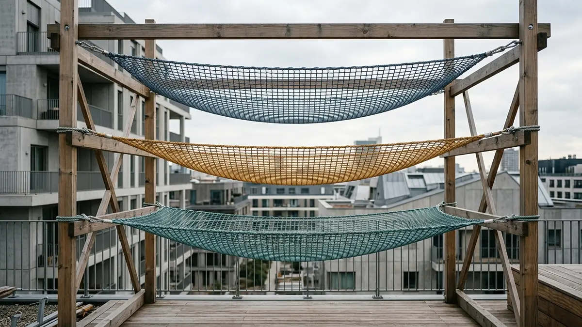 Three differently colored safety nets stretched in layers beneath a wooden construction scaffolding on a rooftop