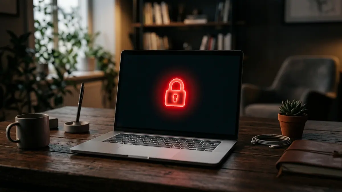 Laptop mit rotem Schloss-Symbol auf dem Bildschirm in einem Home-Office