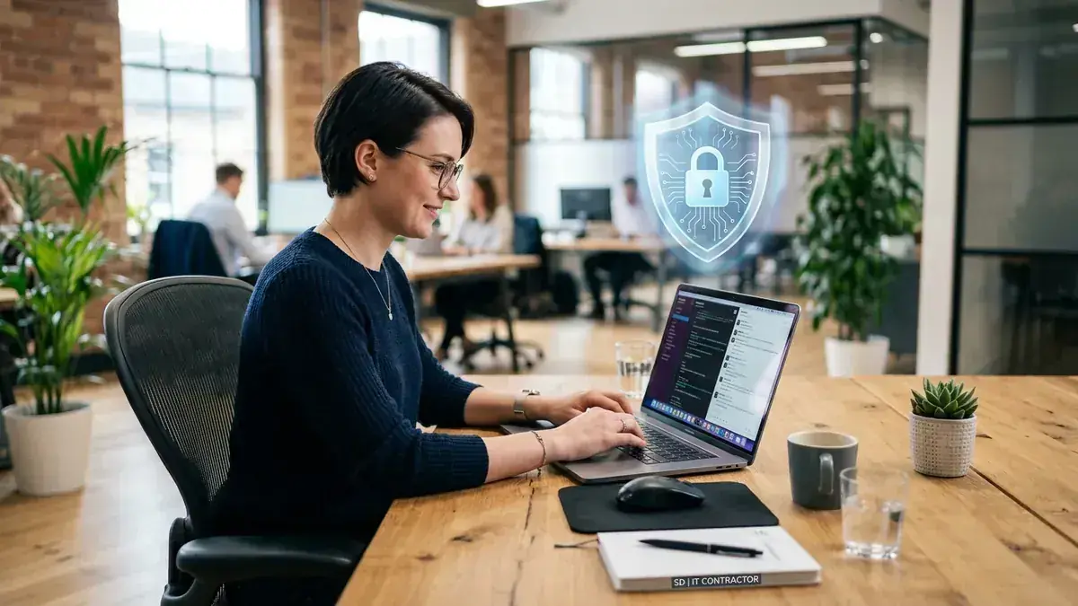 IT contractor working at laptop in modern office