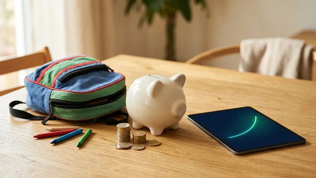 Ein Sparschwein mit Euromünzen und ein Kinderrucksack auf dem Küchentisch, daneben ein Tablet mit einer steigenden Kurve