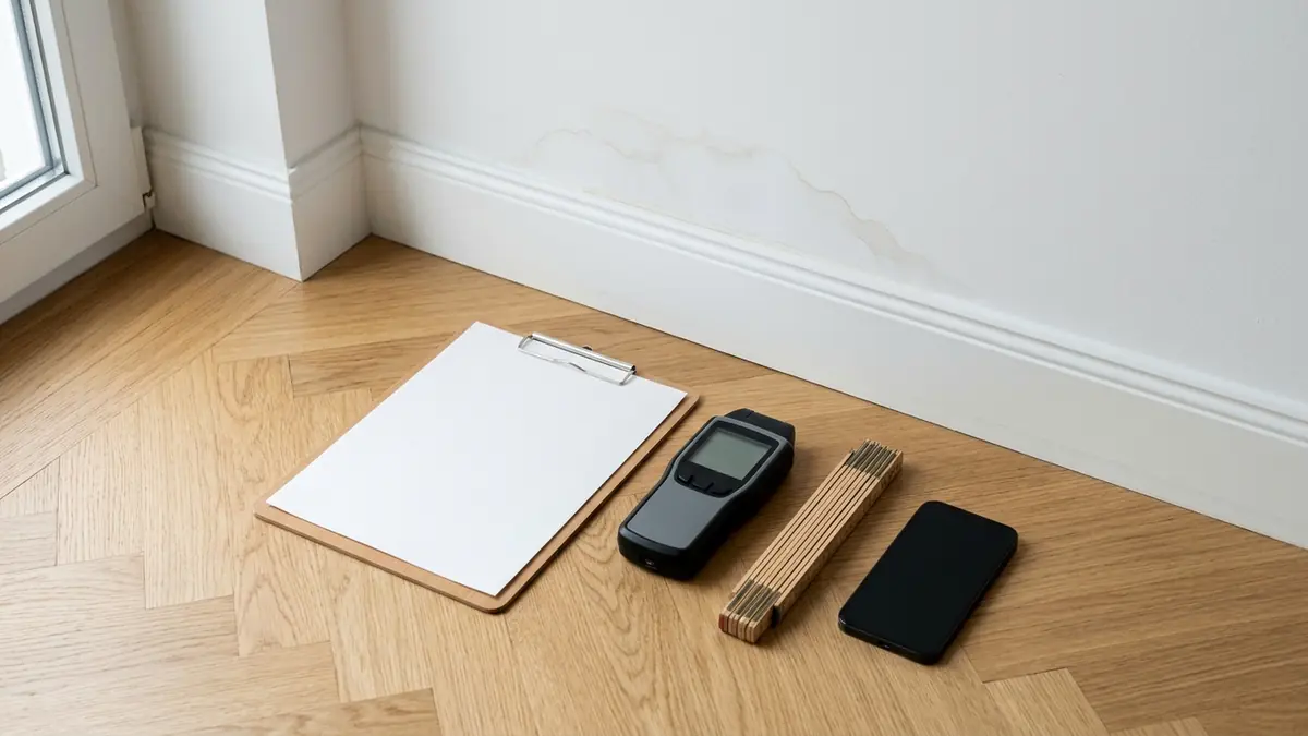 Ein Klemmbrett mit leerem Formular, ein Feuchtigkeitsmessgerät, ein Zollstock und ein Smartphone auf einem Parkettboden vor einer Wand mit Wasserfleck