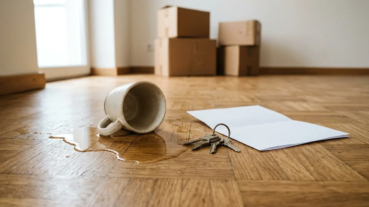 A flat key, a rental agreement and a knocked-over cup with a water stain on the wooden floor of a newly rented flat