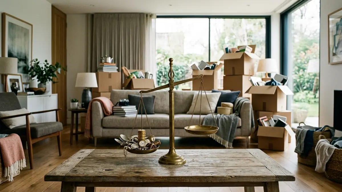 A tipping scale holding jewelry and coins on a table in front of stacked moving boxes in a living room