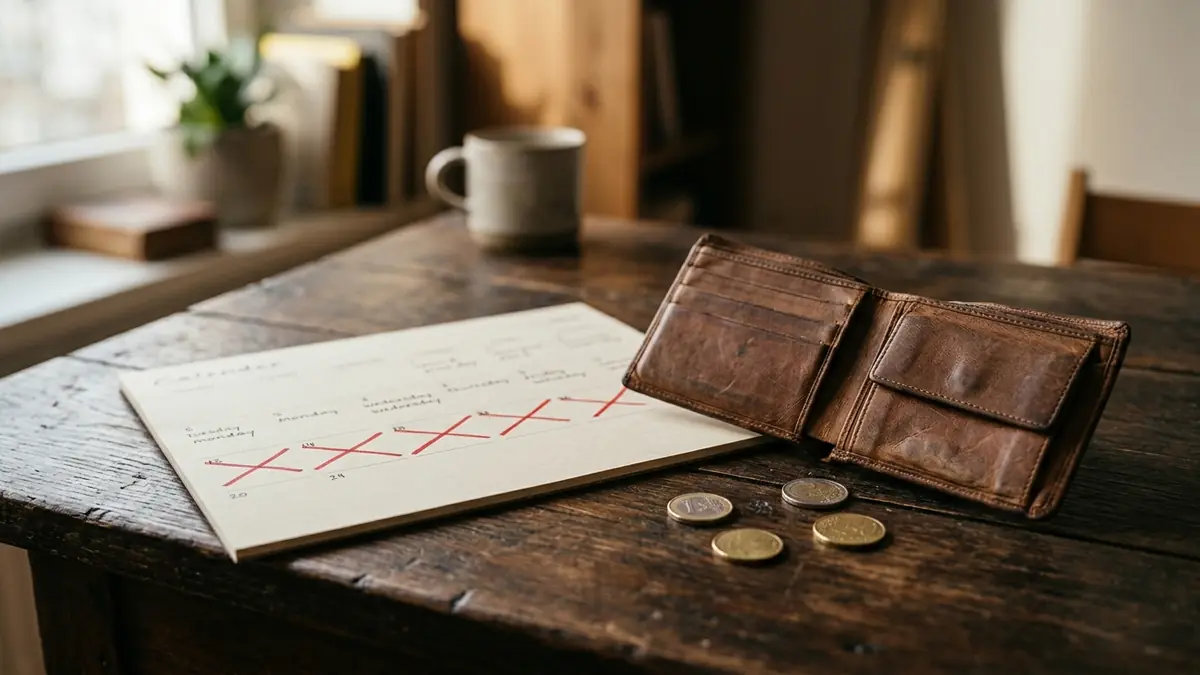A calendar page with days crossed off in red next to a nearly empty wallet and a few euro coins
