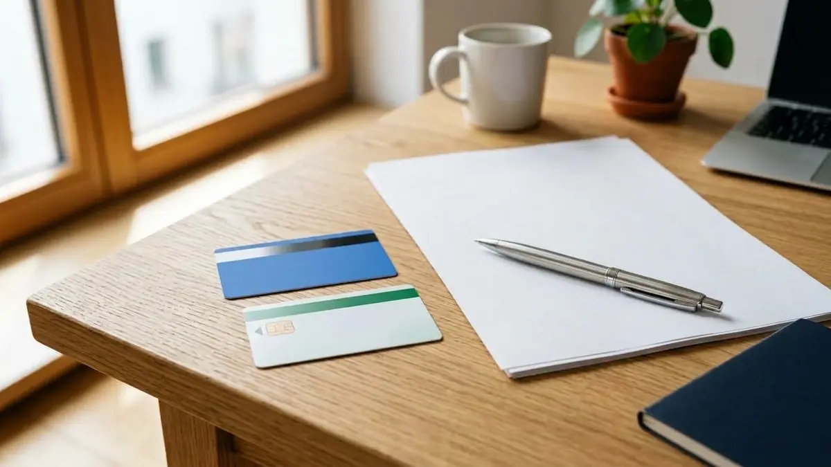 A blue residence card and a health insurance card next to contract papers and a pen on a wooden desk