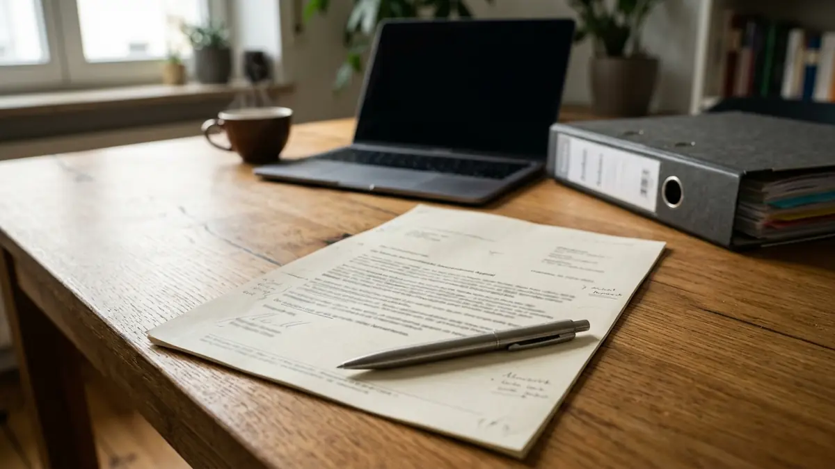 A rejection letter from an insurer with notes in the margin, next to a laptop and a folder of documents