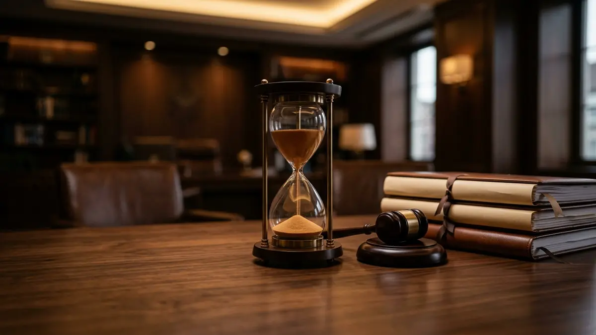 An hourglass next to a judge's gavel and stacked document folders on a dark wooden desk