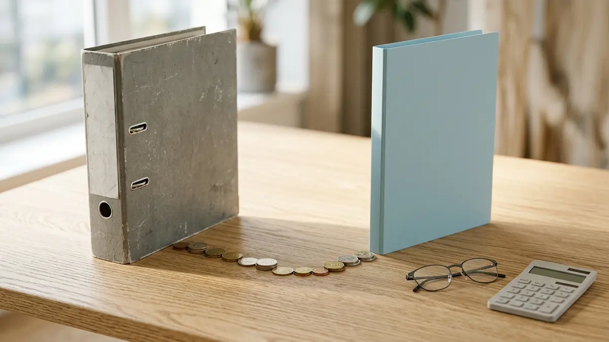 An old ring binder with contract papers, a jar of coins and a tablet showing a rising chart on a wooden desk