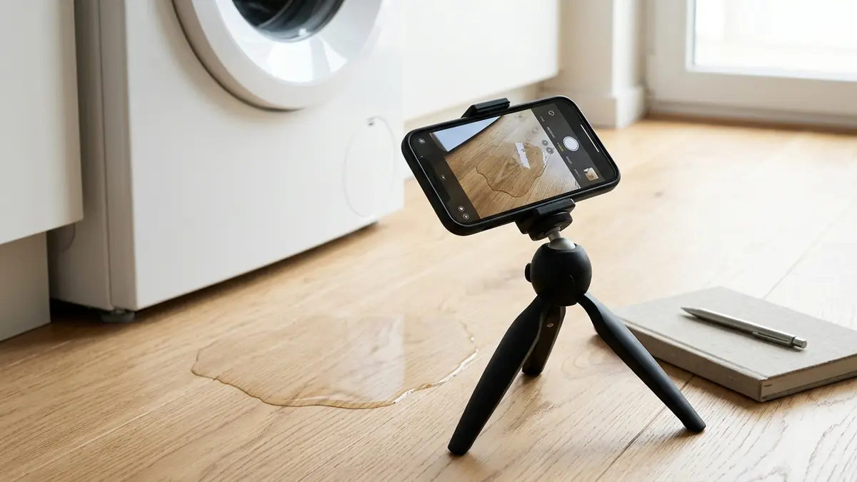 A smartphone showing a photo of water damage, receipts and a pen on a kitchen table